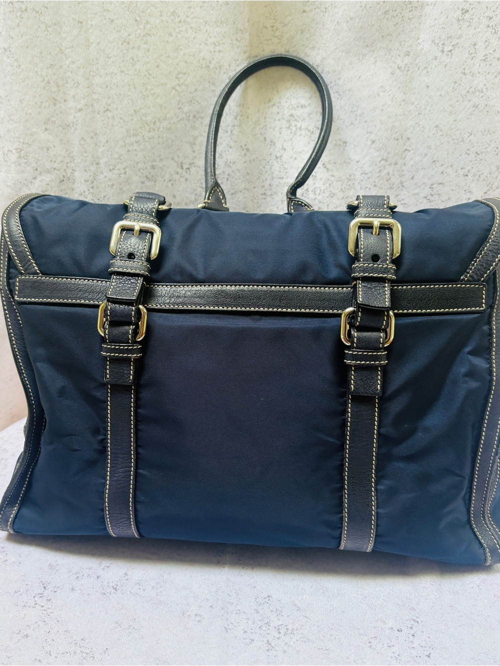 Prada Navy Nylon and Black Leather Double-Pocket Satchel with silver Hardware - Picture 2 of 15